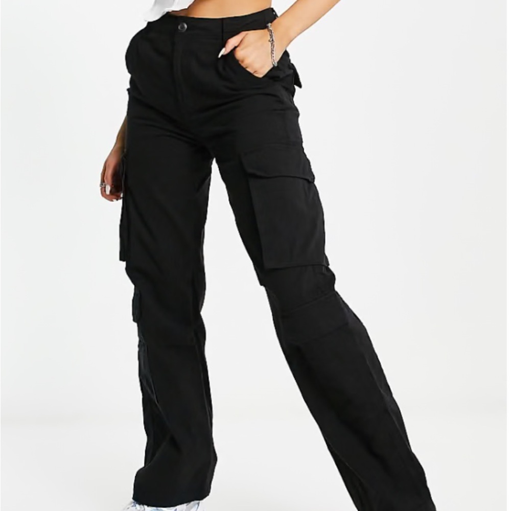 Bershka multi pocket straight leg cargo pants in black